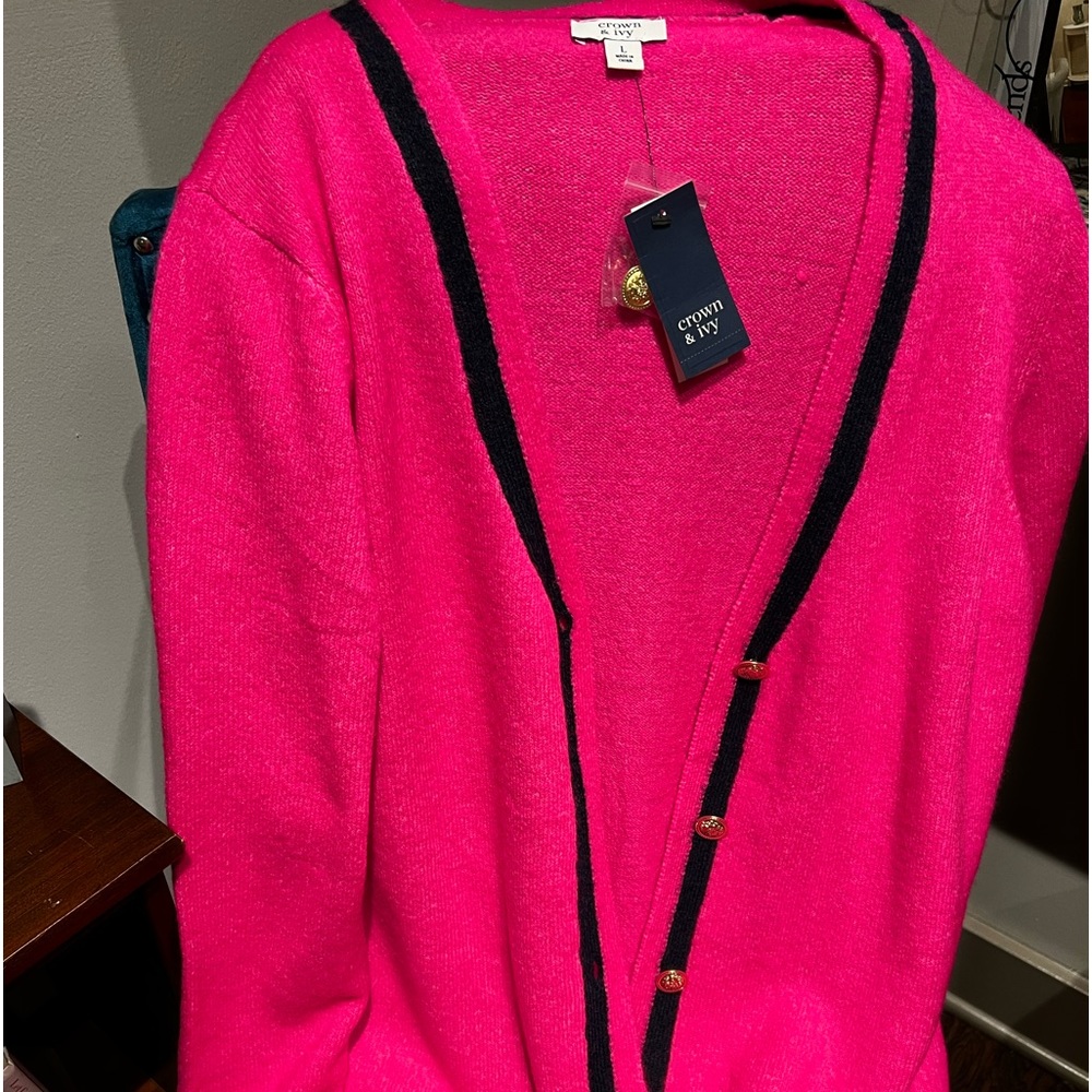 Crown and Ivy Magenta/Hot Pink and Navy trimmed cardigan NWT, beautiful color